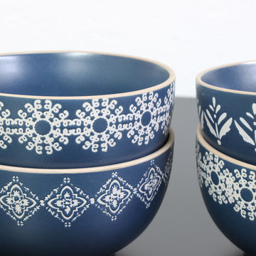Set of 4 Assorted Blue Ethnic Design Stoneware Serving Bowls