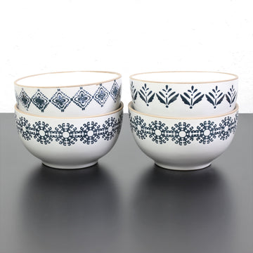 Set of 4 Assorted White Blue Coloured Design Stoneware Bowls