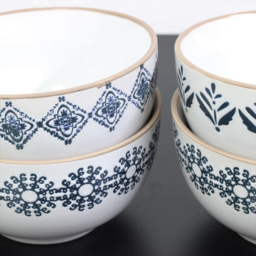 Set of 4 Assorted White Blue Coloured Design Stoneware Bowls