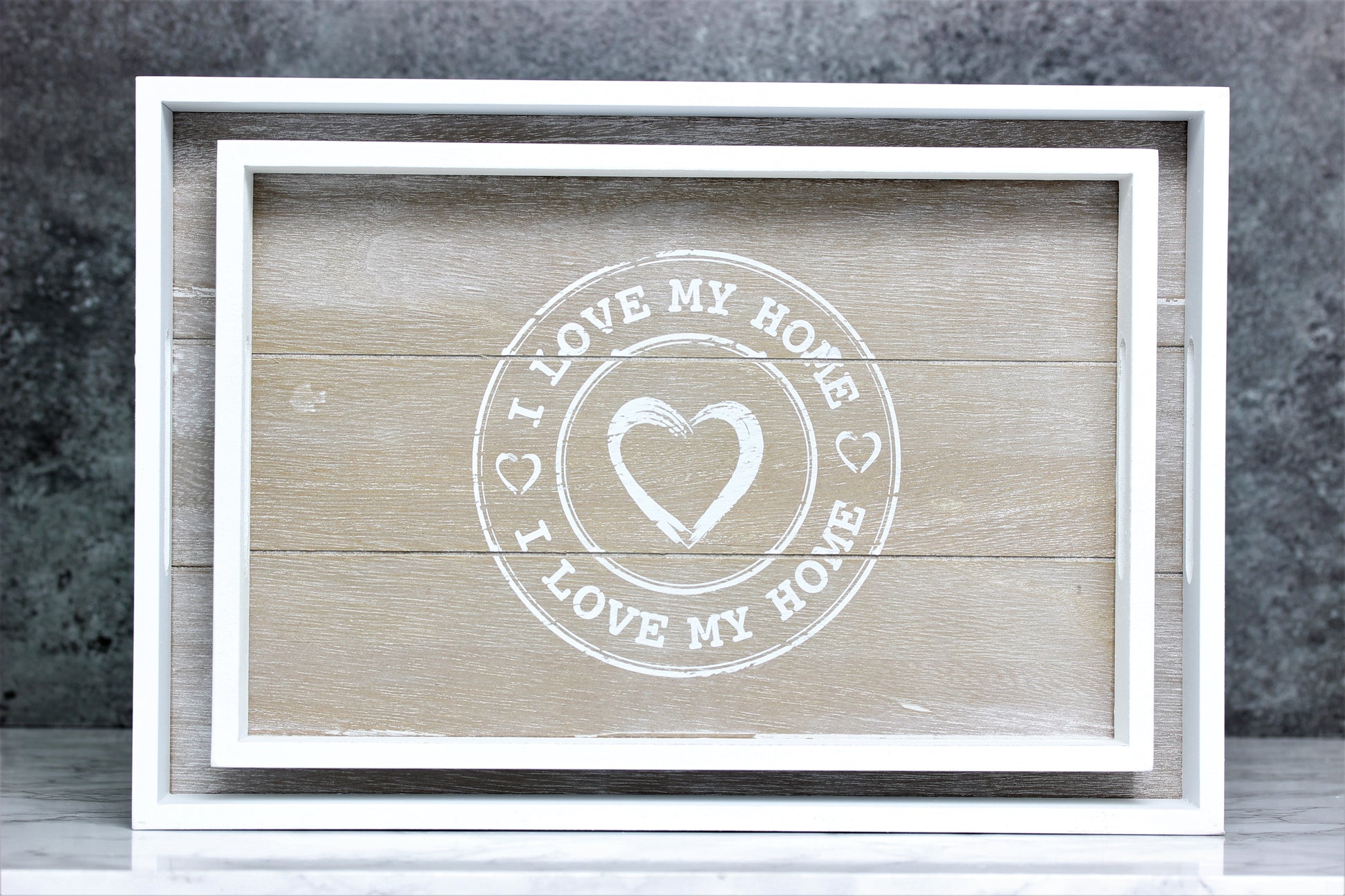 I Love My Home Set of 2 White Natural Wooden Serving Tray Home Snack Food