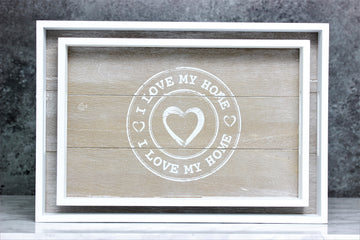 I Love My Home Set of 2 White Natural Wooden Serving Tray Home Snack Food