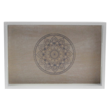 Mandala Set of 2 White Natural Wooden Serving Tray Home Snack Food Raised Edges