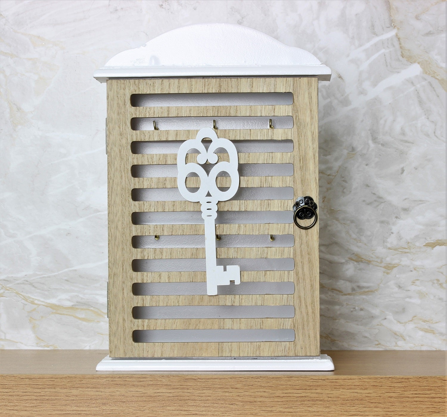 6 Hooks White Wooden Key Storage Box Wall Mounting Art Deco Hanging Keys Holder