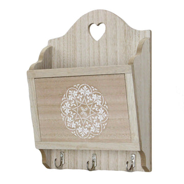 Wall Mounted 3 Hooks Wooden Key Box Letter Holder
