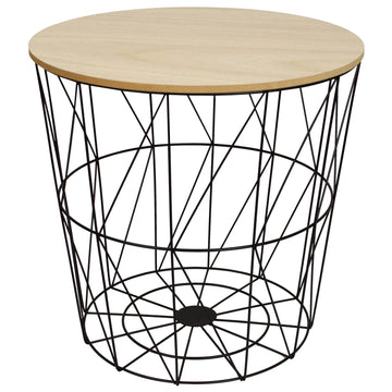 Set of 3 Round Metal Wire Basket Wooden Top Nesting Tables