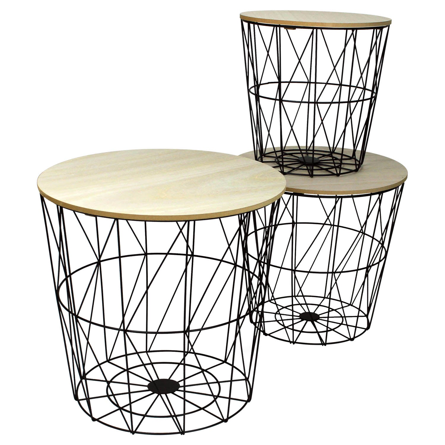 Set of 3 Round Metal Wire Basket Wooden Top Nesting Tables