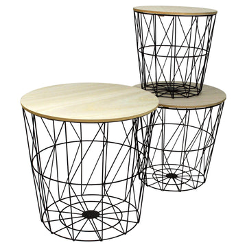 Set of 3 Round Metal Wire Basket Wooden Top Nesting Tables