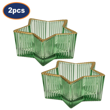 2Pcs Green Glass Star Design Tealight Holder
