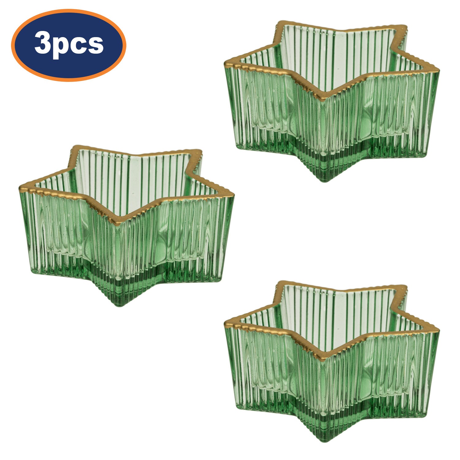 3Pcs Green Glass Star Design Tealight Holder