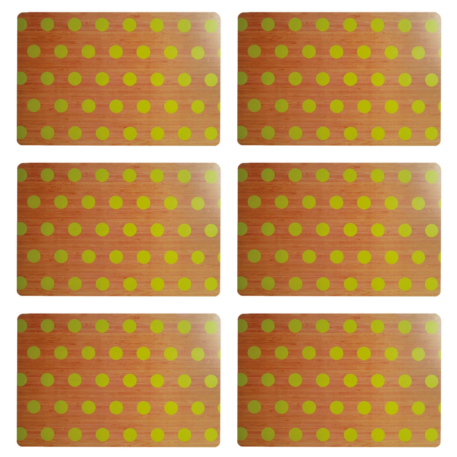 Set of 6 Wooden Effect Placemats With Green Polka Dots