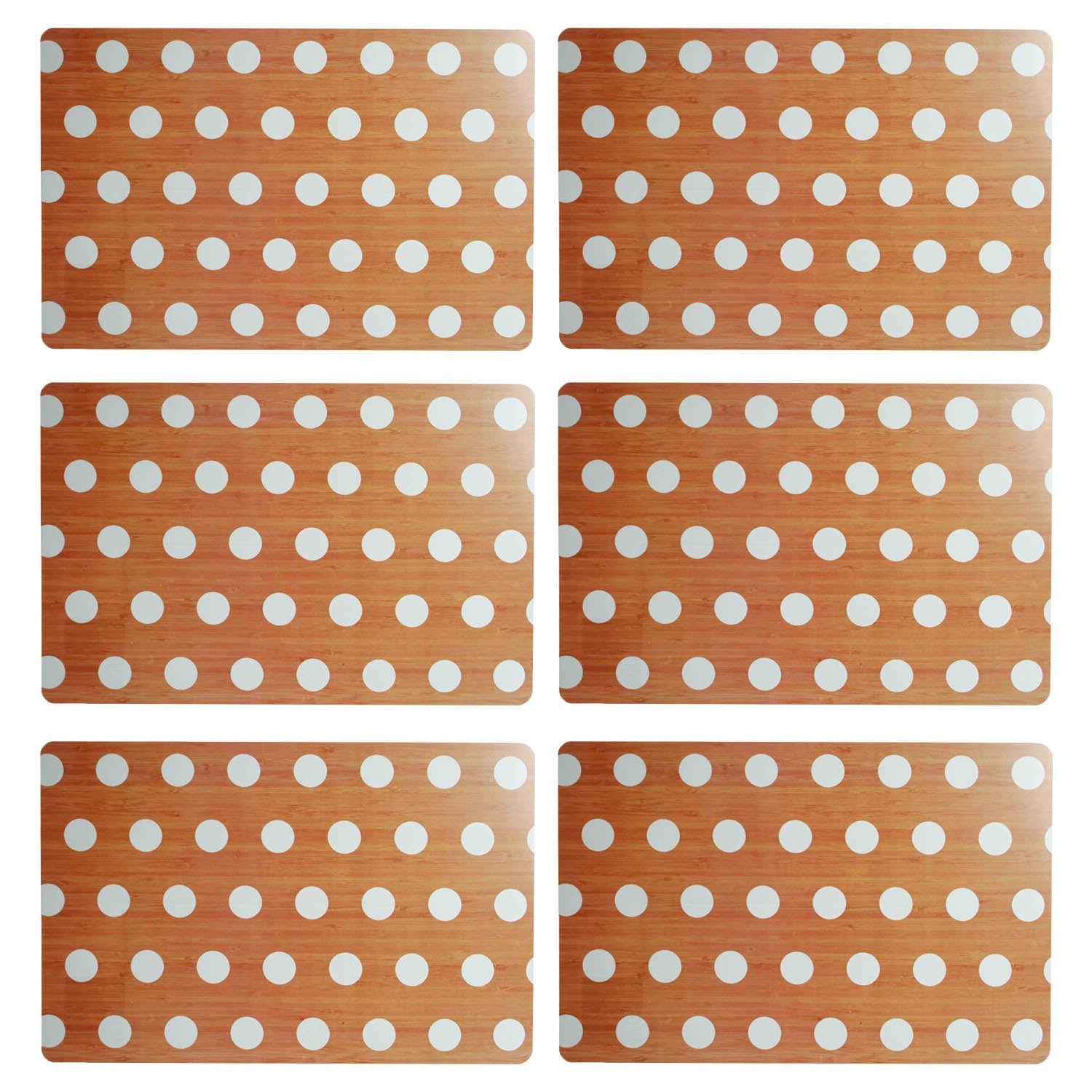 Set of 6 Wooden Effect Placemats With White Polka Dots