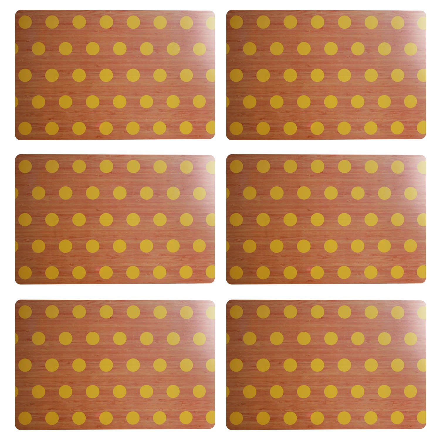 Set of 6 Wooden Effect Placemats With Yellow Polka Dots