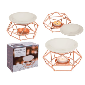 Oil Burner Tealight Candle Ceramic Holder Rose Gold Metal Home Decorative Style