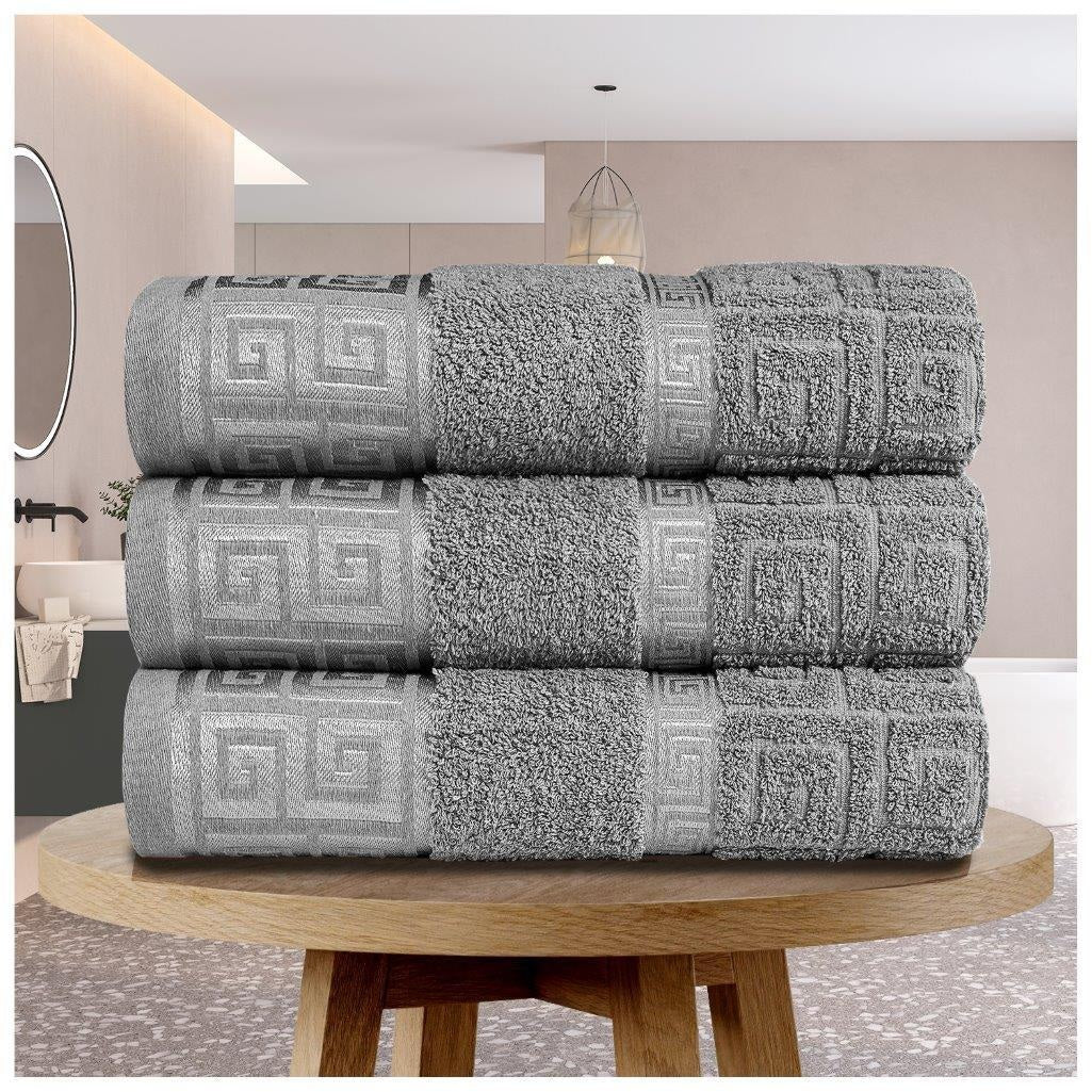 3 Pack Embroidered Greek Key Bath Sheet Towel - Charcoal