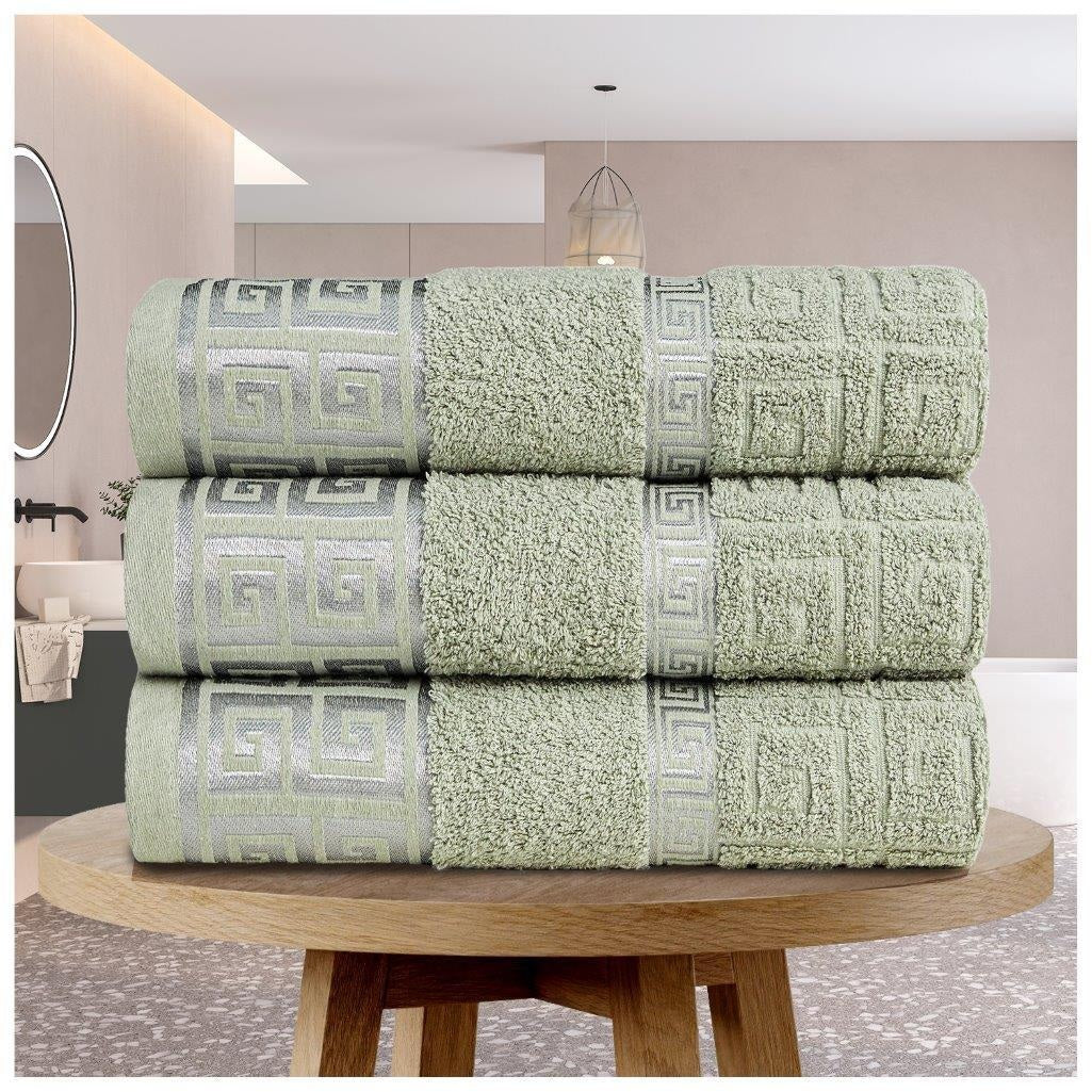 3 Pack Embroidered Greek Key Bath Sheet Towel - Green