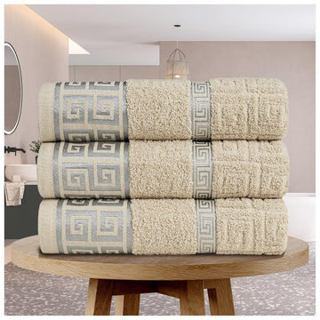 3 Pack Embroidered Greek Key Bath Sheet Towel - Natural