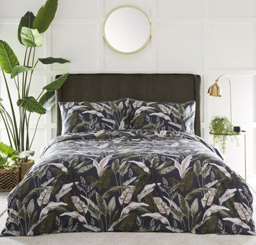 Olive Botanical Leaf Duvet Cover Set, Double, Black & Green