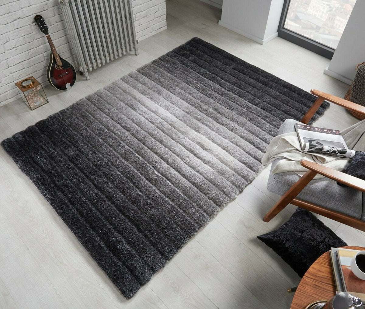 Hand Carved 3D Shaggy Rug Verge Ombre Grey - 63" x 90.5"