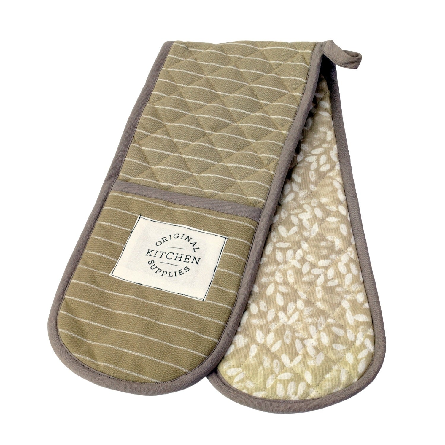 Stripe & Leaves Double Oven Gloves 100% Cotton, Natural & Grey