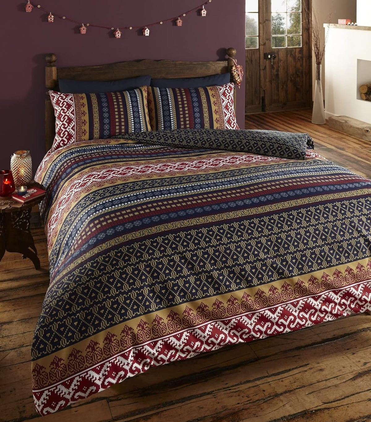 Indian Ethnic Print Duvet Cover Set, Double, Red & Navy