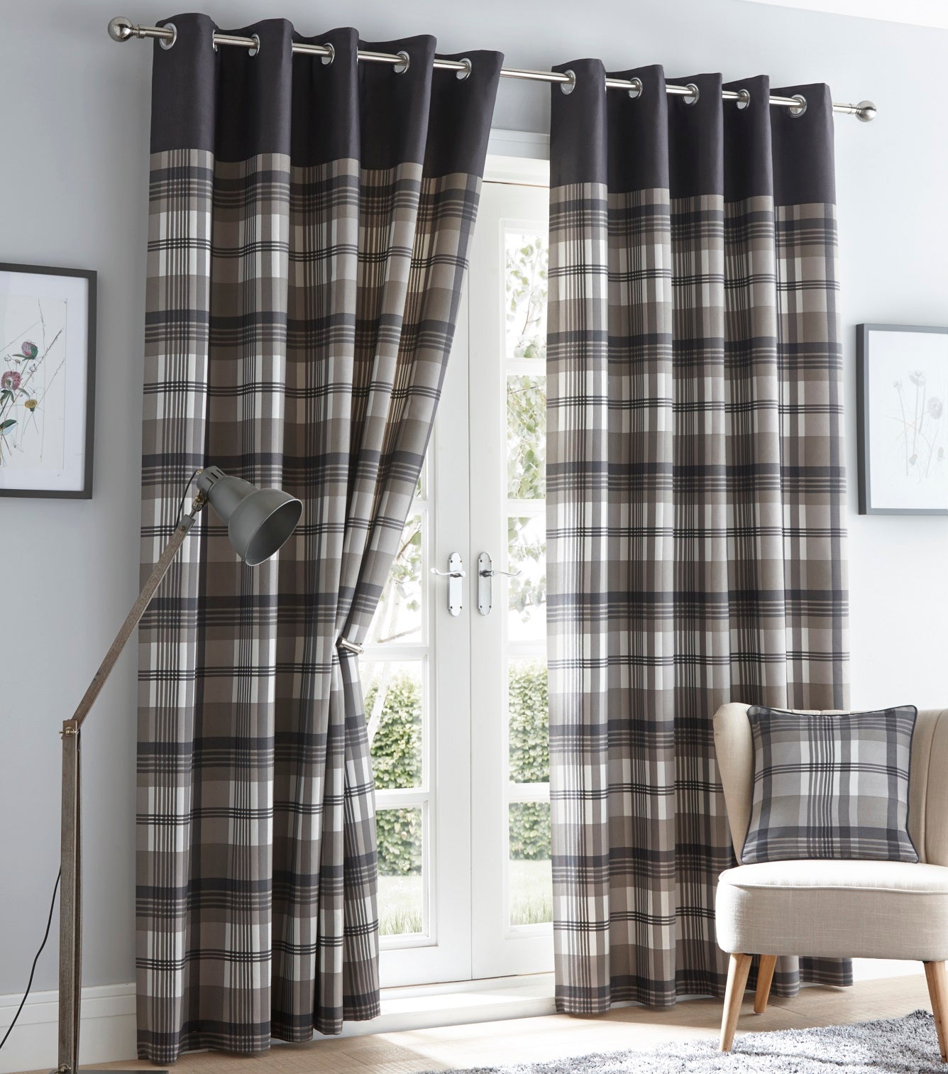 Tartan Check Lined Curtains Eyelet Ring Top 90x90" Charcoal Grey