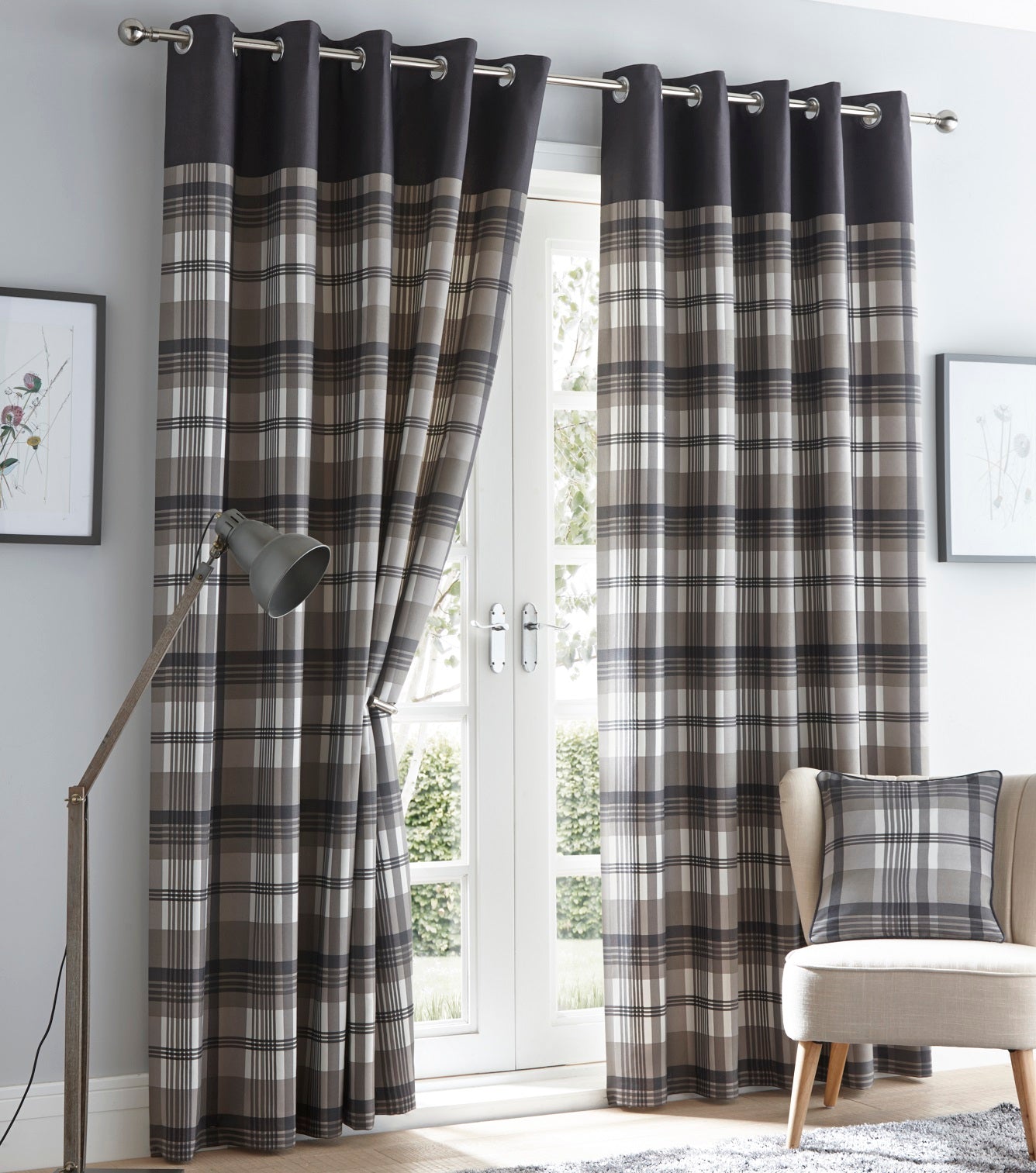 Tartan Check Lined Curtains Eyelet Ring Top 66x72" Charcoal Grey