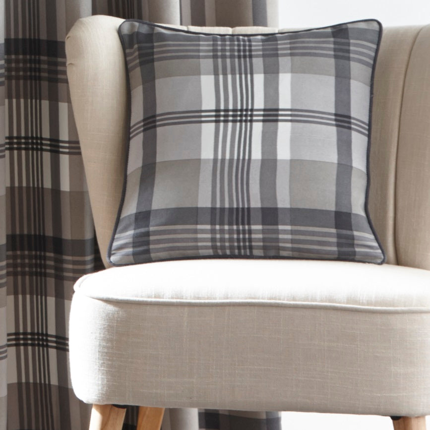 Tartan Check Filled Cushion 43x43cm Charcoal Grey