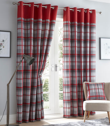 Tartan Check Lined Curtains Eyelet Ring Top 66x90" Red & Grey
