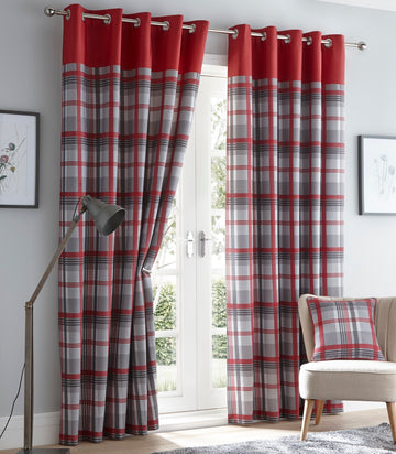 Tartan Check Lined Curtains Eyelet Ring Top 46x54" Red & Grey