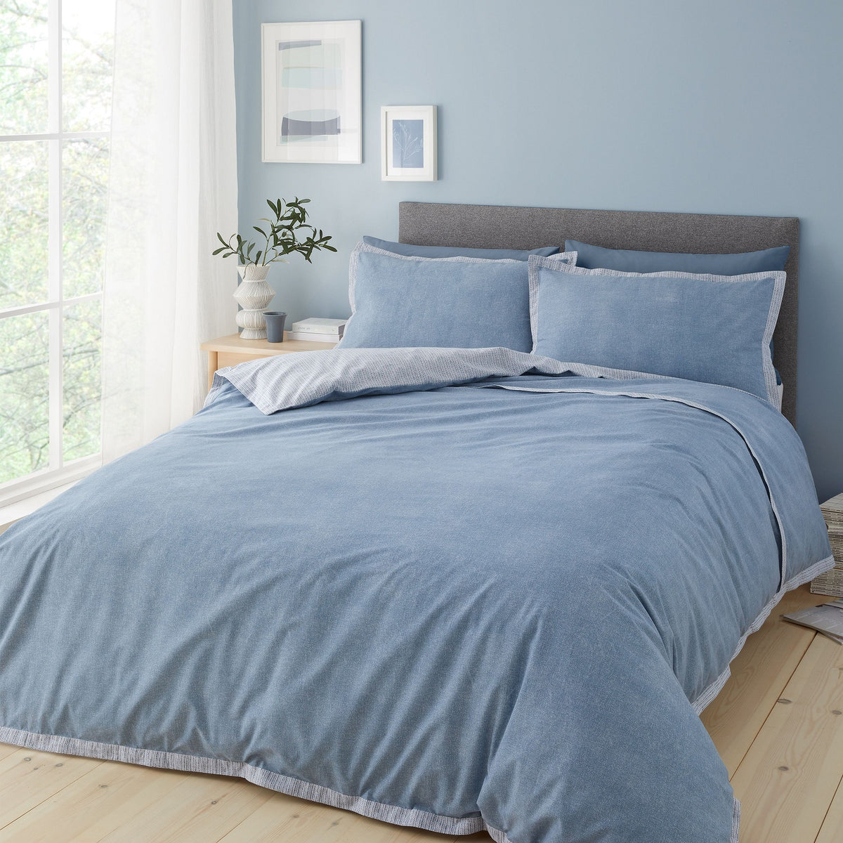 Catherine Lansfield Oslo Textured Trim Duvet Cover Set, Double, Denim Blue