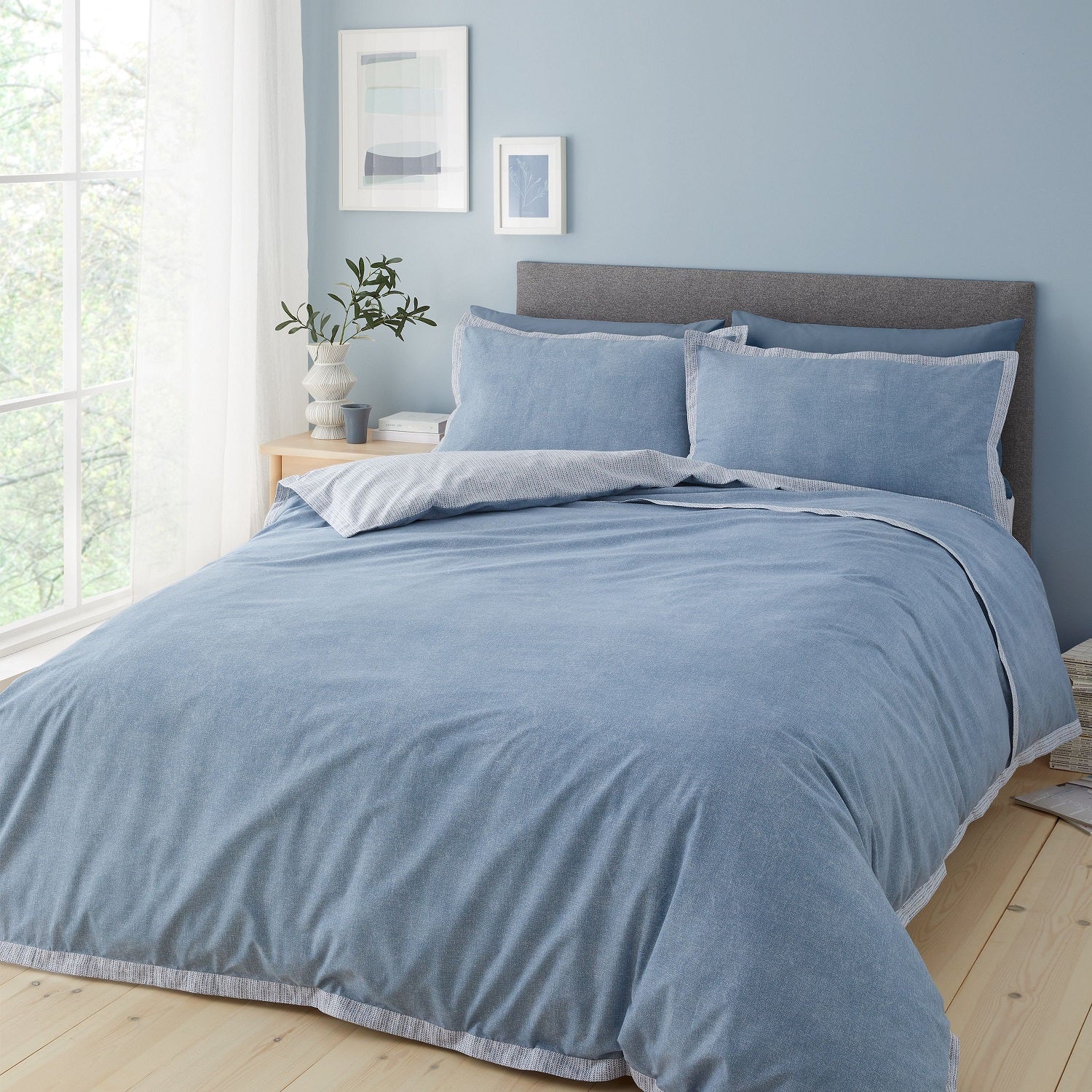 Catherine Lansfield Oslo Textured Trim Duvet Cover Set, King, Denim Blue