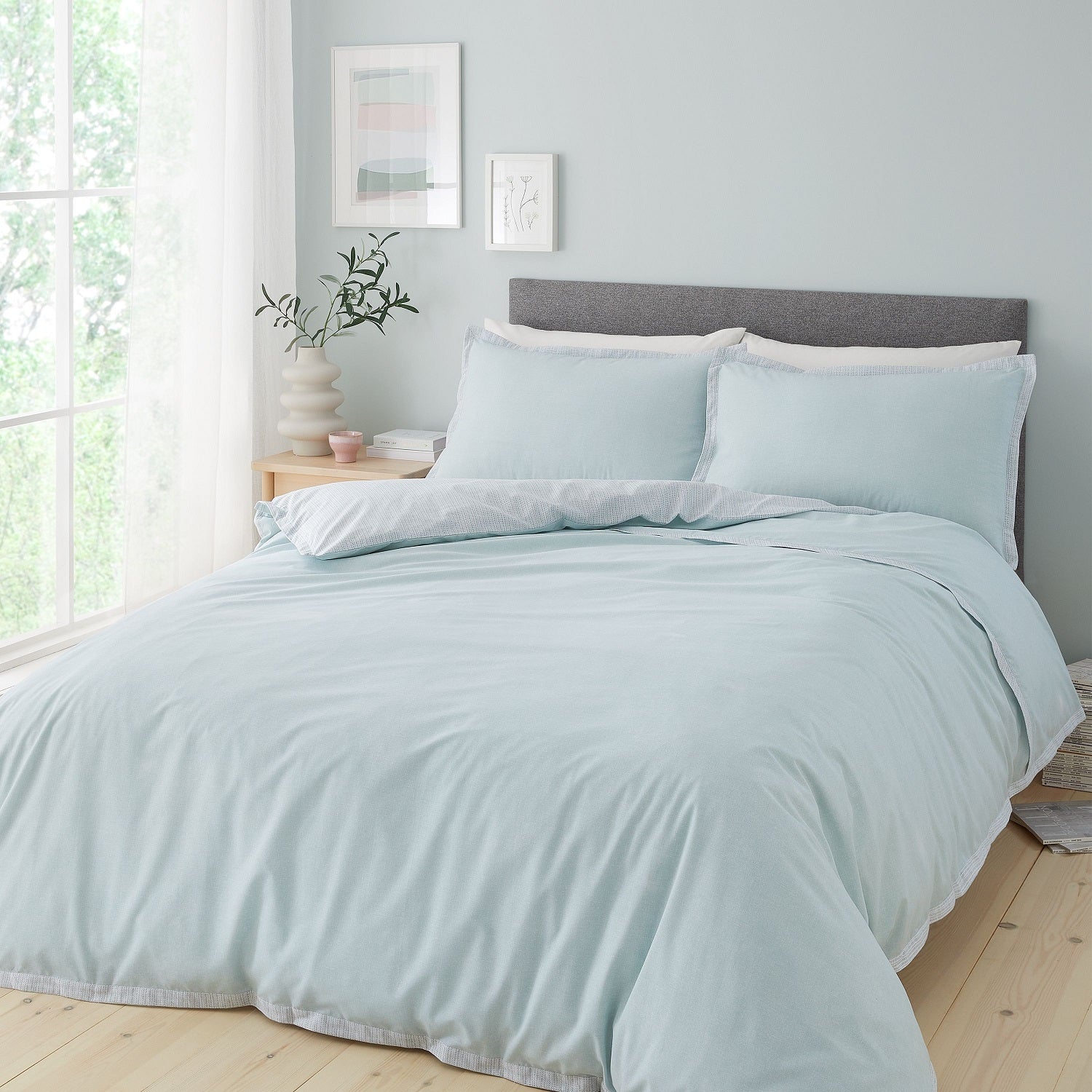Catherine Lansfield Oslo Textured Trim Duvet Cover Set, King, Duck Egg