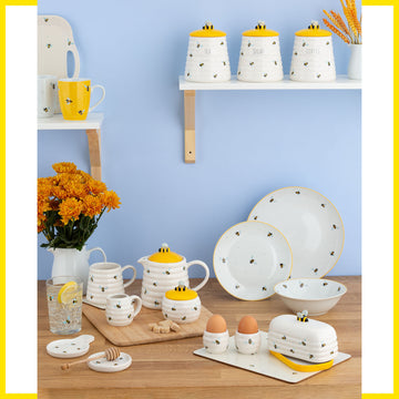 4Pcs Sweet Bee Ceramic Coffee Tea Sugar Canisters & Butter Dish Set
