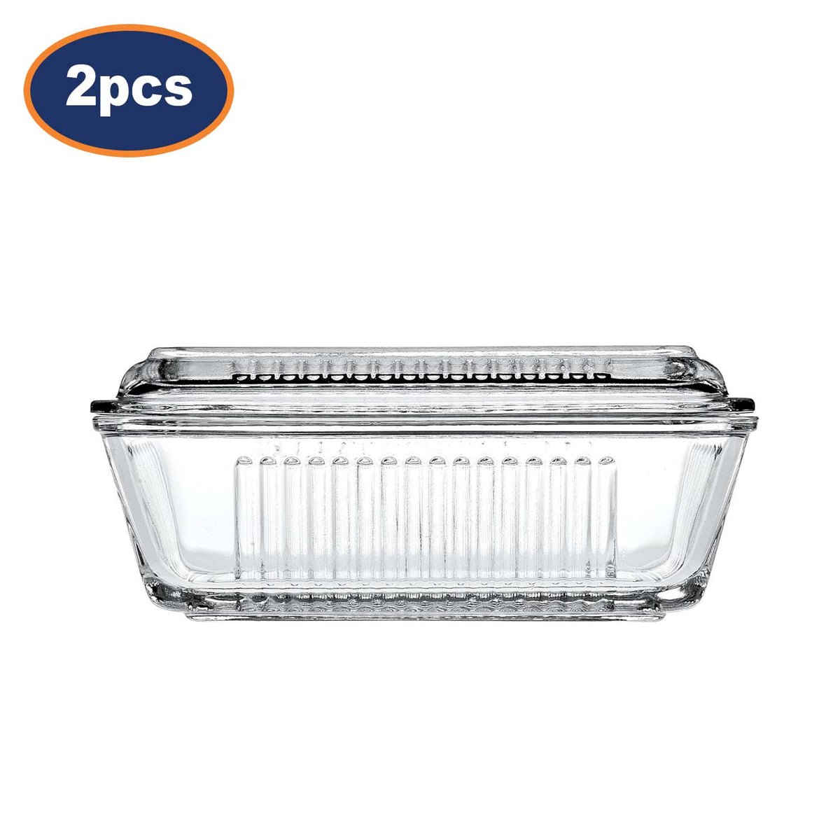 Glass Butter Dish with Lid Clear Ribbed Design 2Pcs