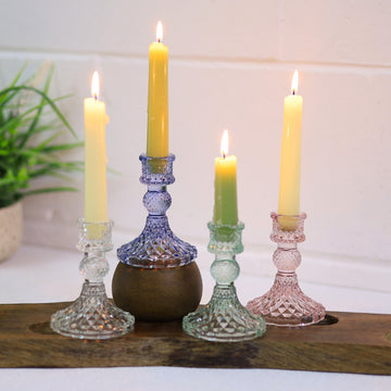 4Pcs Paisley Clear Green Lilac & Pink Glass Candle Holder Set