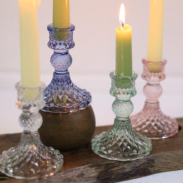 4Pcs Paisley Clear Green Lilac & Pink Glass Candle Holder Set