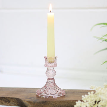 2Pc Paisley Pink Glass Candle Holder Set