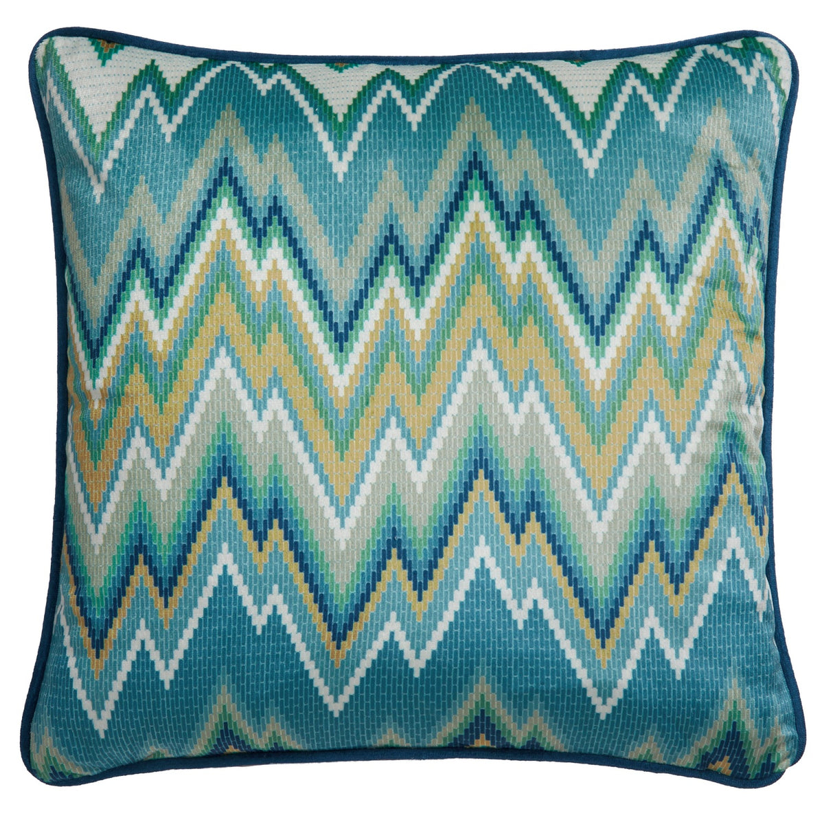 Laurence Llewelyn Bowen LLB Zig Zag Velvet Piped Edge Filled Cushion 43x43cm - Teal & Green