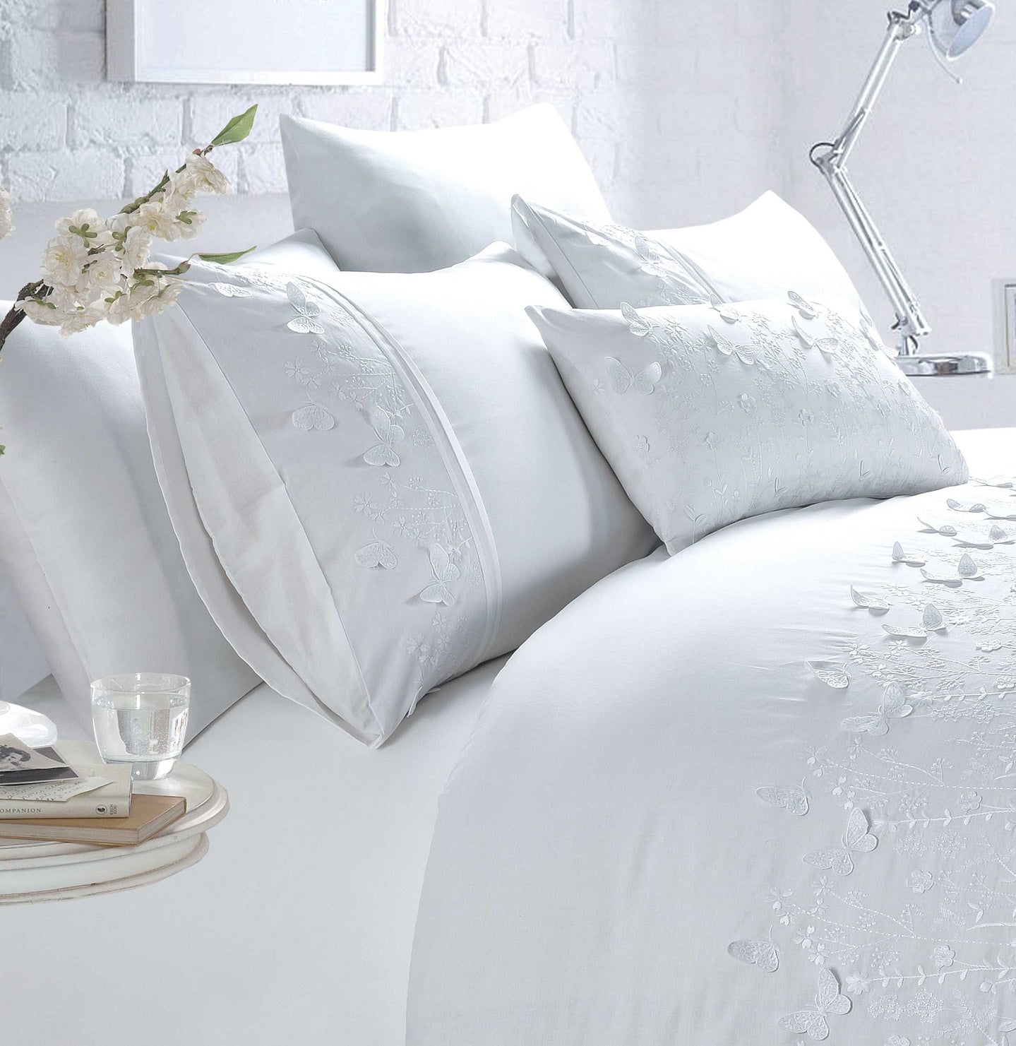 Embroidered Butterfly Duvet Cover Set Papillon White Double