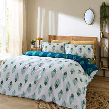 Their Nibs Peacock Feather Duvet Cover Set, Double, White & Teal