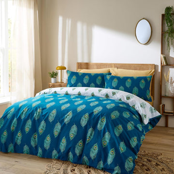 Their Nibs Peacock Feather Duvet Cover Set, Double, White & Teal