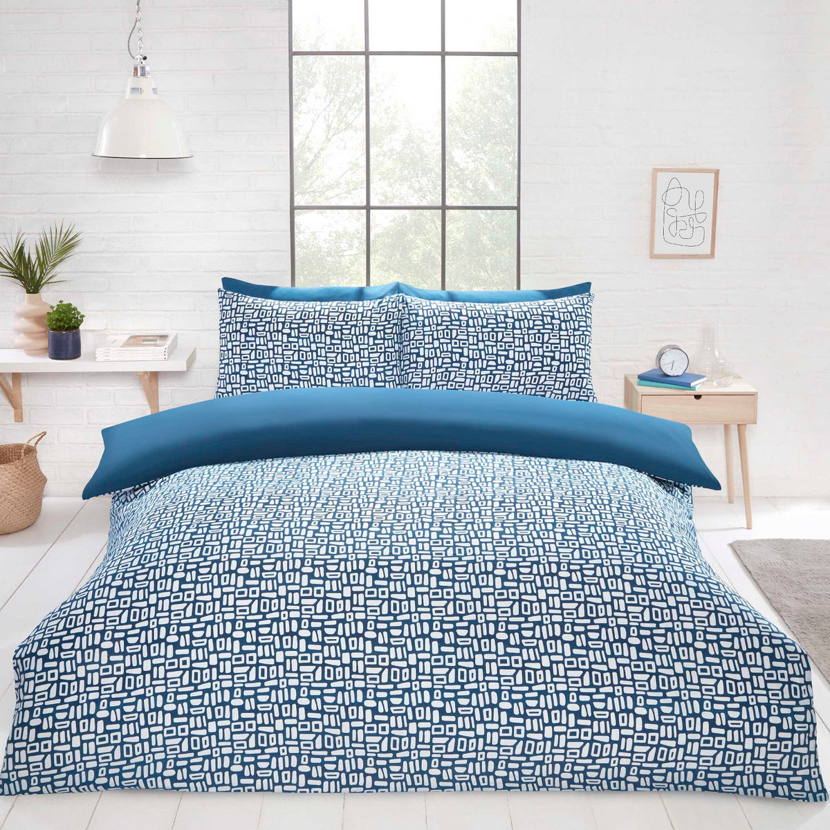 Reversible Pebble Geo Duvet Cover Set, Single, Blue & White