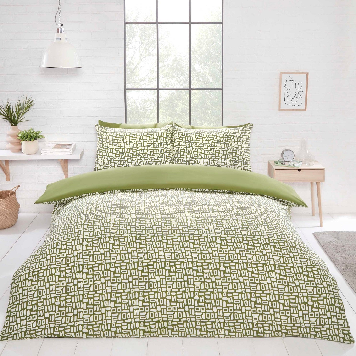 Reversible Pebble Geo Duvet Cover Set, Double, Green & White