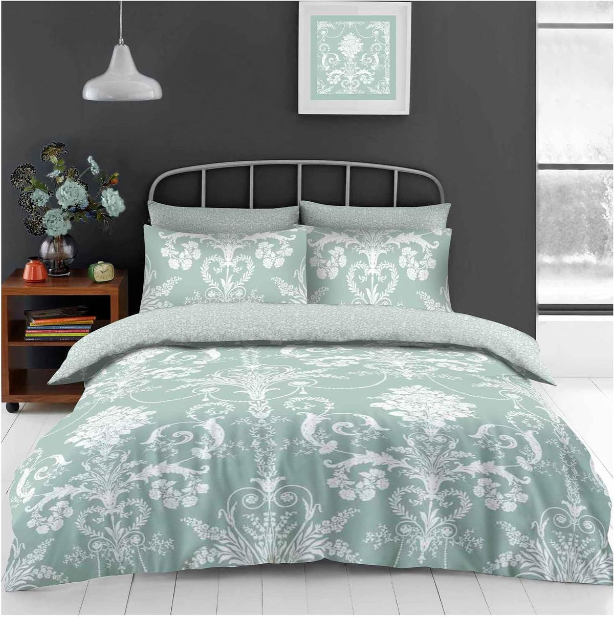 Damask Complete Duvet Cover Set, King, Duckegg