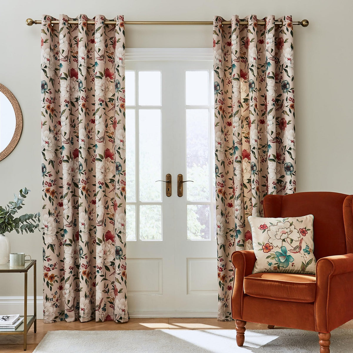 Catherine Lansfield Pippa Floral Birds Thermal Lined Curtains, 46x90", Natural
