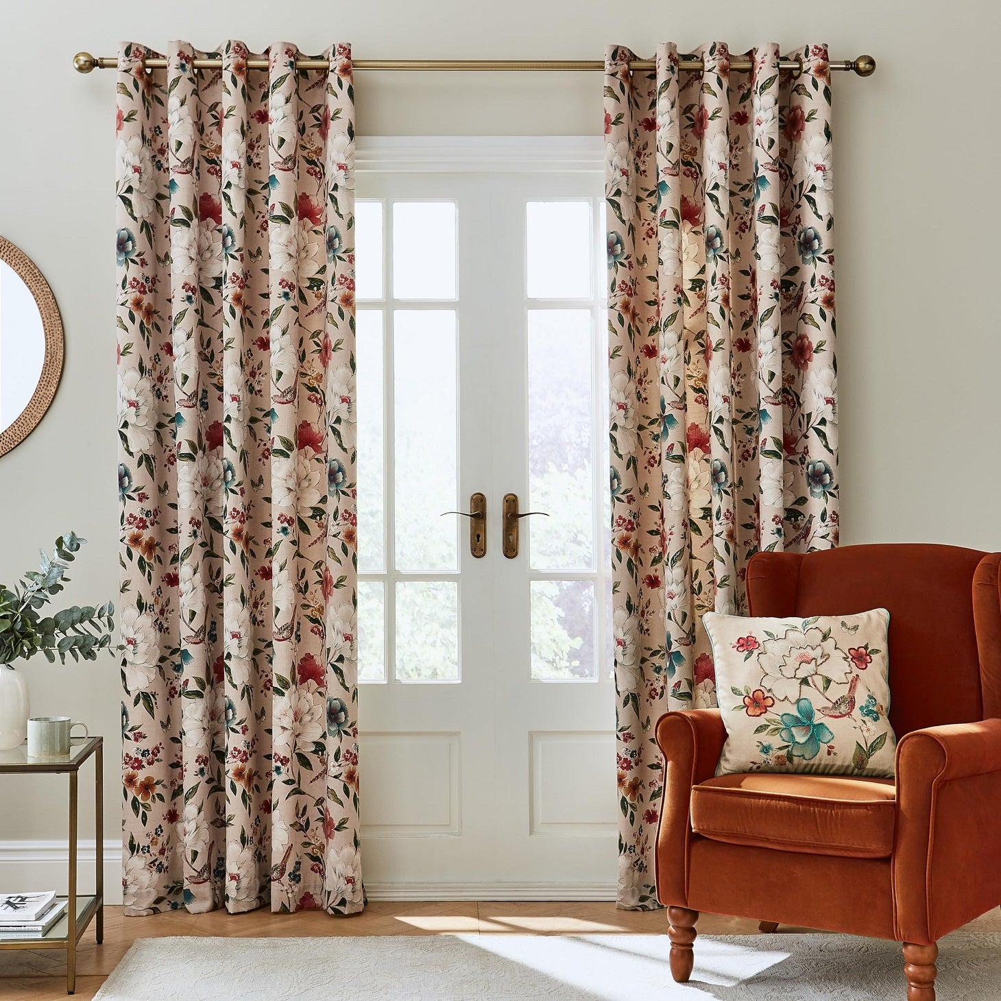Catherine Lansfield Pippa Floral Birds Thermal Lined Curtains, 46x72", Natural