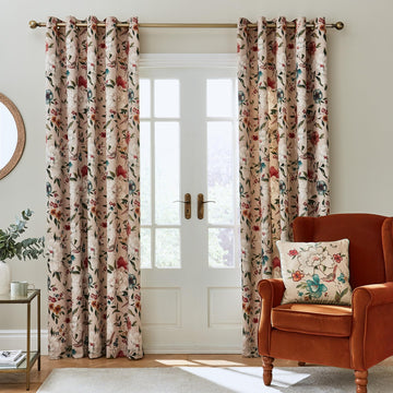 Catherine Lansfield Pippa Floral Birds Thermal Lined Curtains, 46x72", Natural
