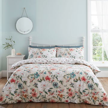 Catherine Lansfield Pippa Floral Birds Duvet Cover Set, Double, Natural