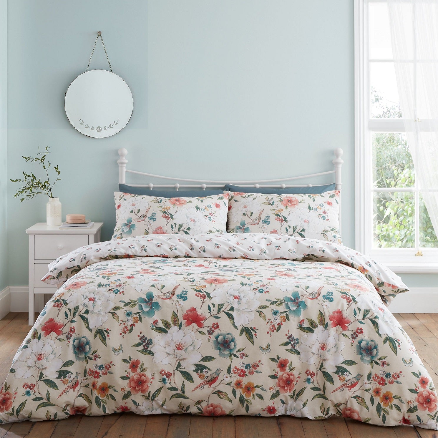 Catherine Lansfield Pippa Floral Birds Duvet Cover Set, King, Natural