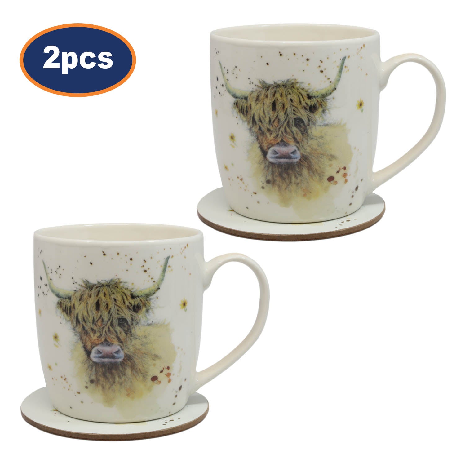 2 Sets of Highland Cow Mug & Coaster Set